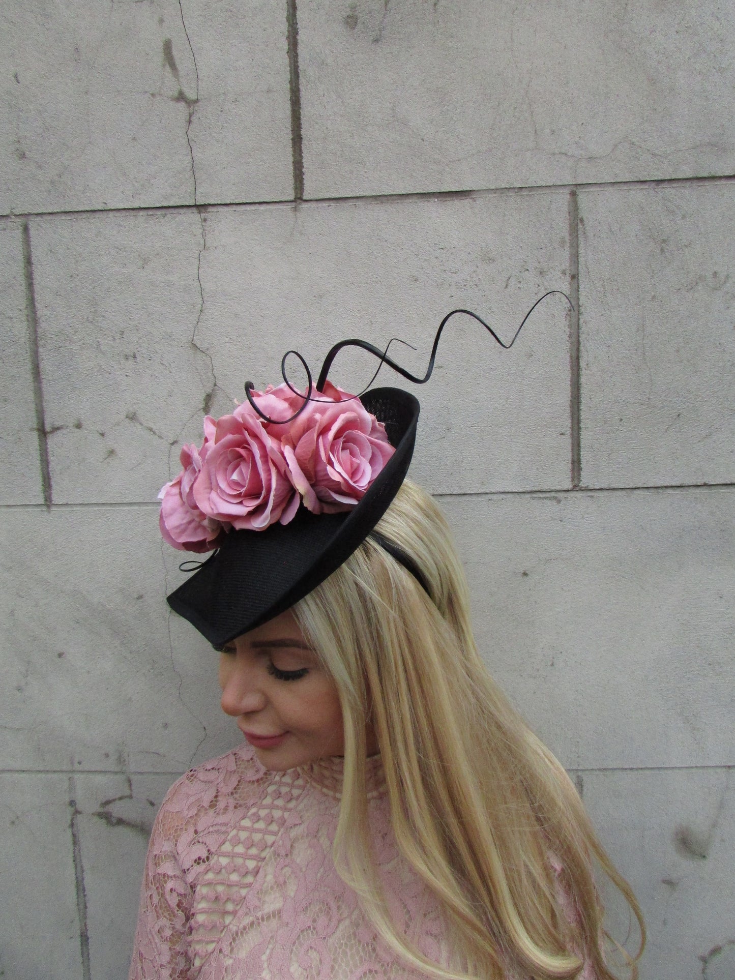 Large Black & Dusky Pink Rose Teardrop Hat