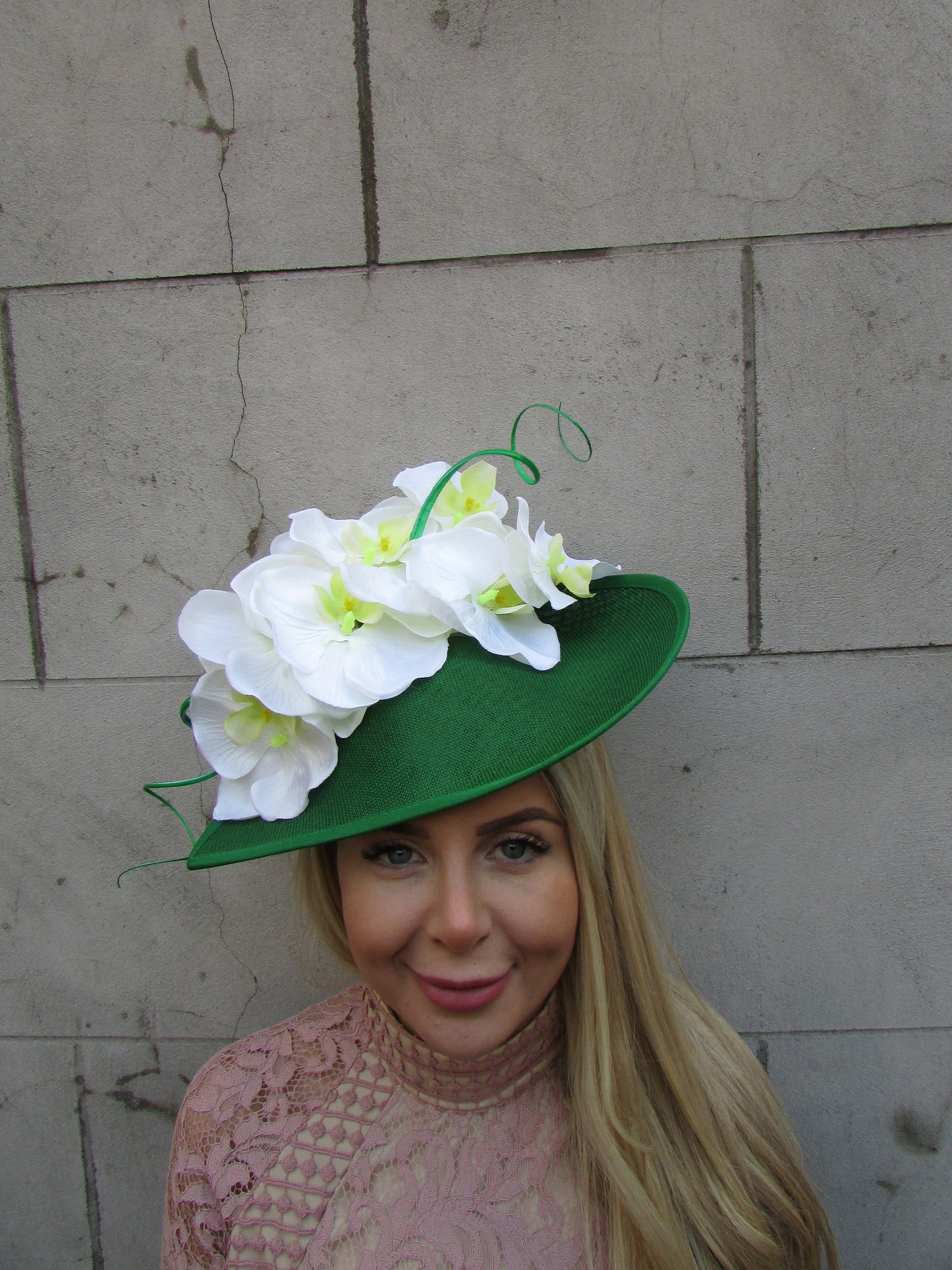 Large Cream & Green Orchid Flower Ascot Hat