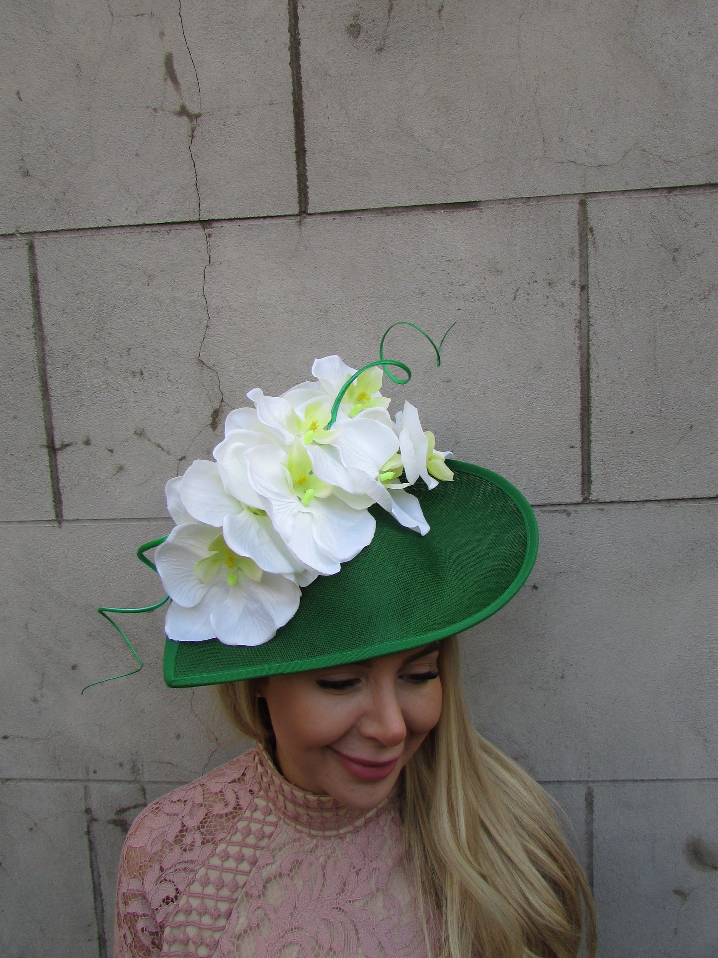 Large Cream & Green Orchid Flower Ascot Hat