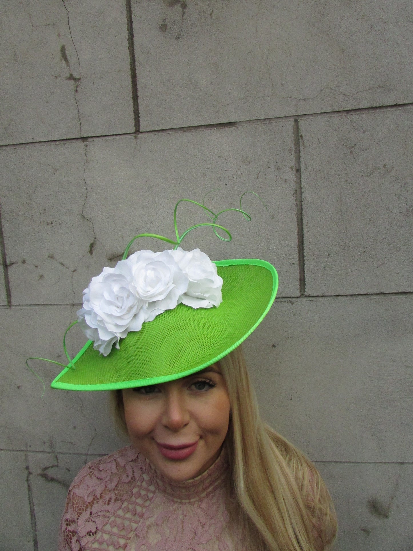 Lime Green & White Large Rose Flower Hat