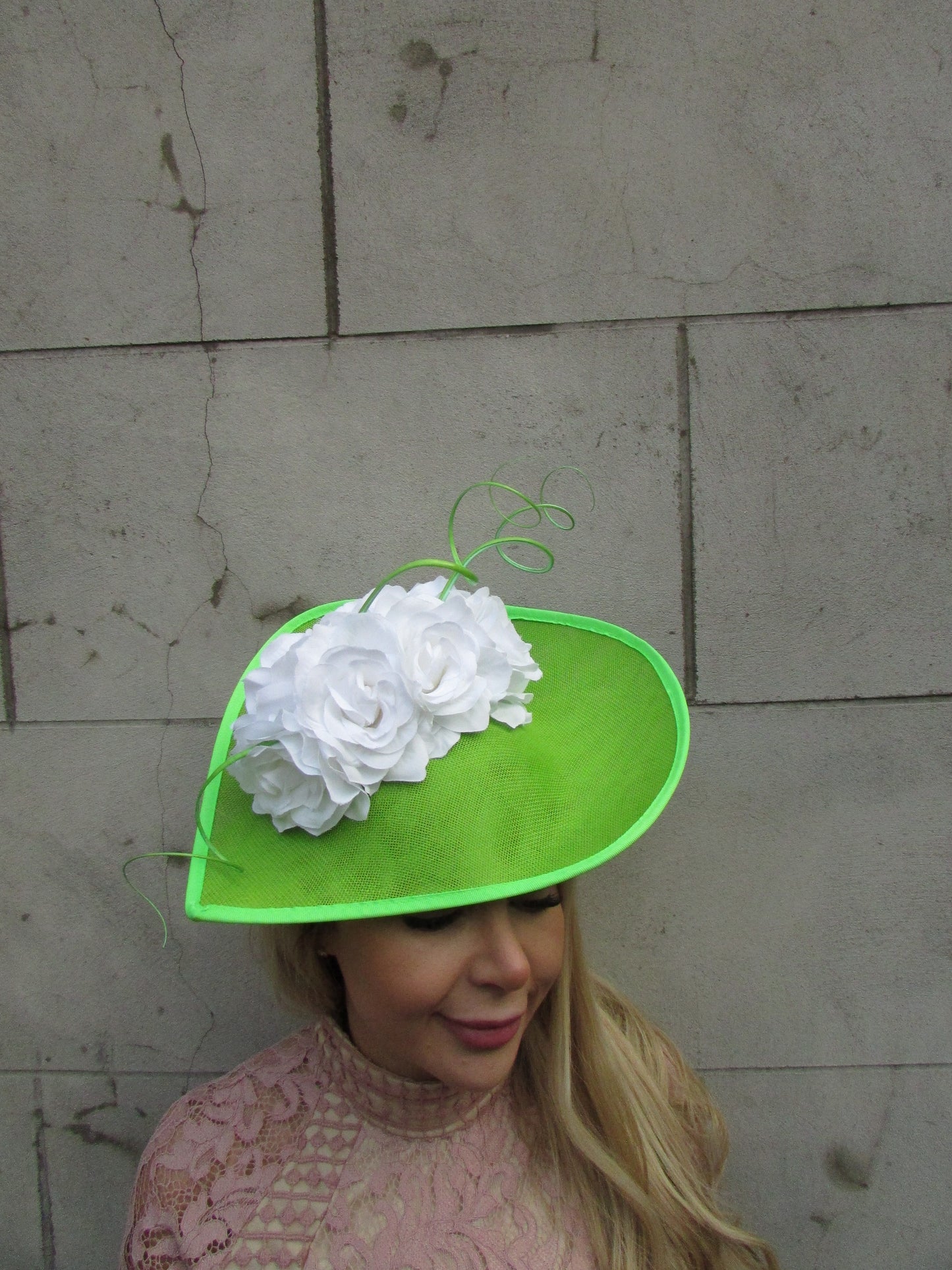 Lime Green & White Large Rose Flower Hat