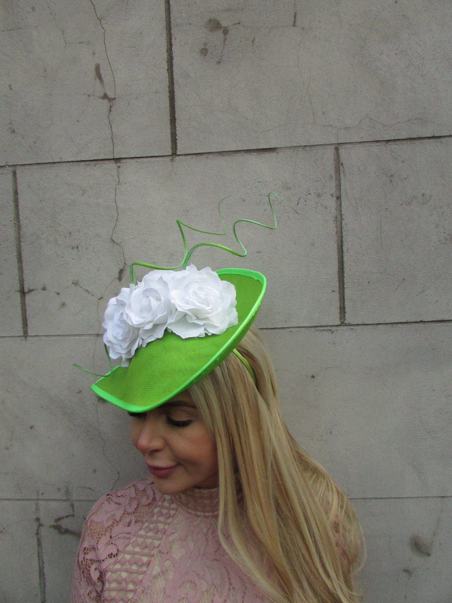 Lime Green & White Large Rose Flower Hat