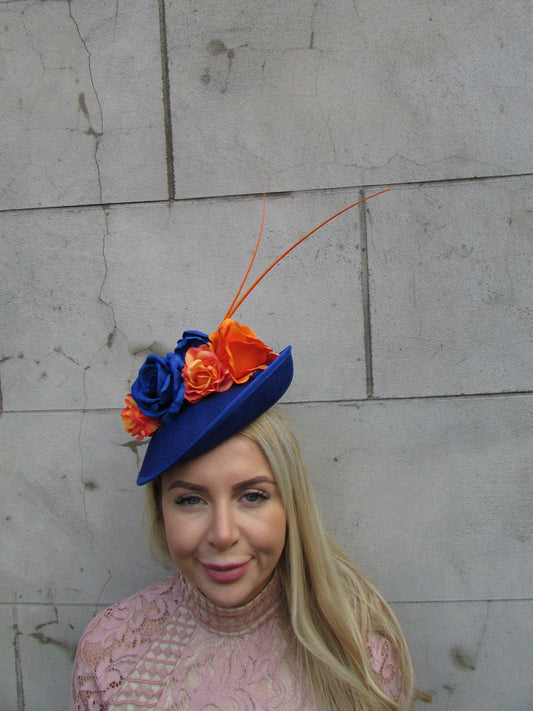 Royal Blue & Orange Flower Disc Hat Fascinator
