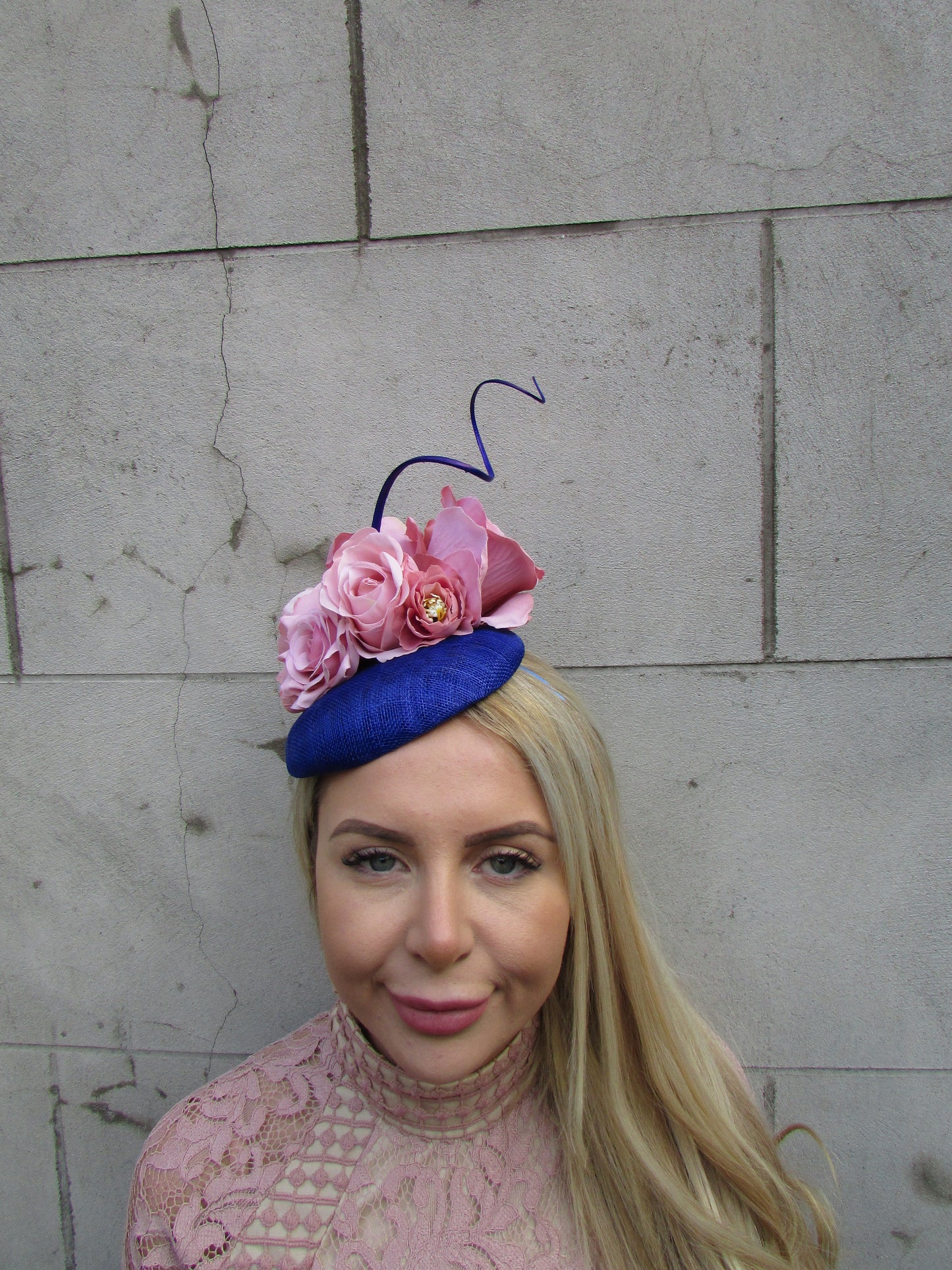 Royal Blue & Dusky Pink Flower Pillbox Hat