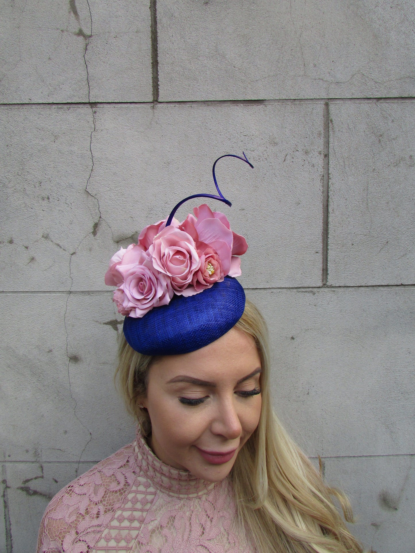 Royal Blue & Dusky Pink Flower Pillbox Hat