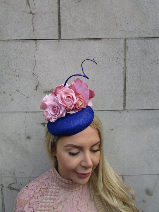 Royal Blue & Dusky Pink Flower Pillbox Hat