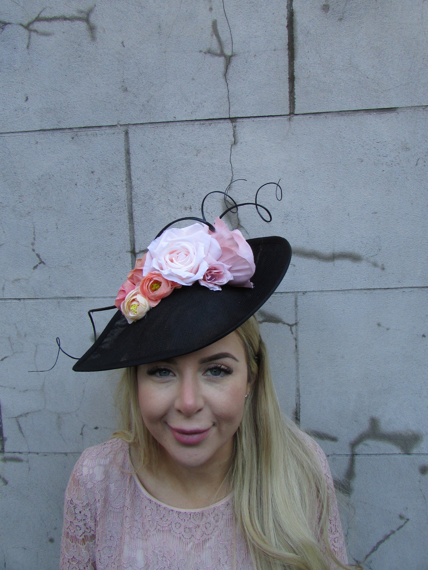 Large Black & Peach Pink Fascinator Hat