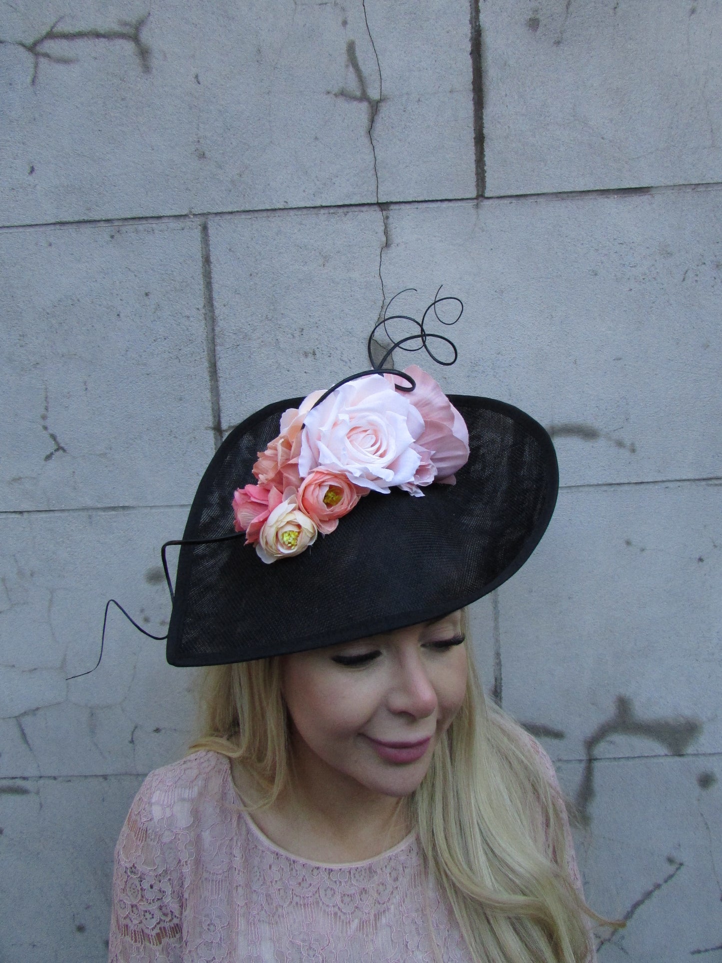 Large Black & Peach Pink Fascinator Hat
