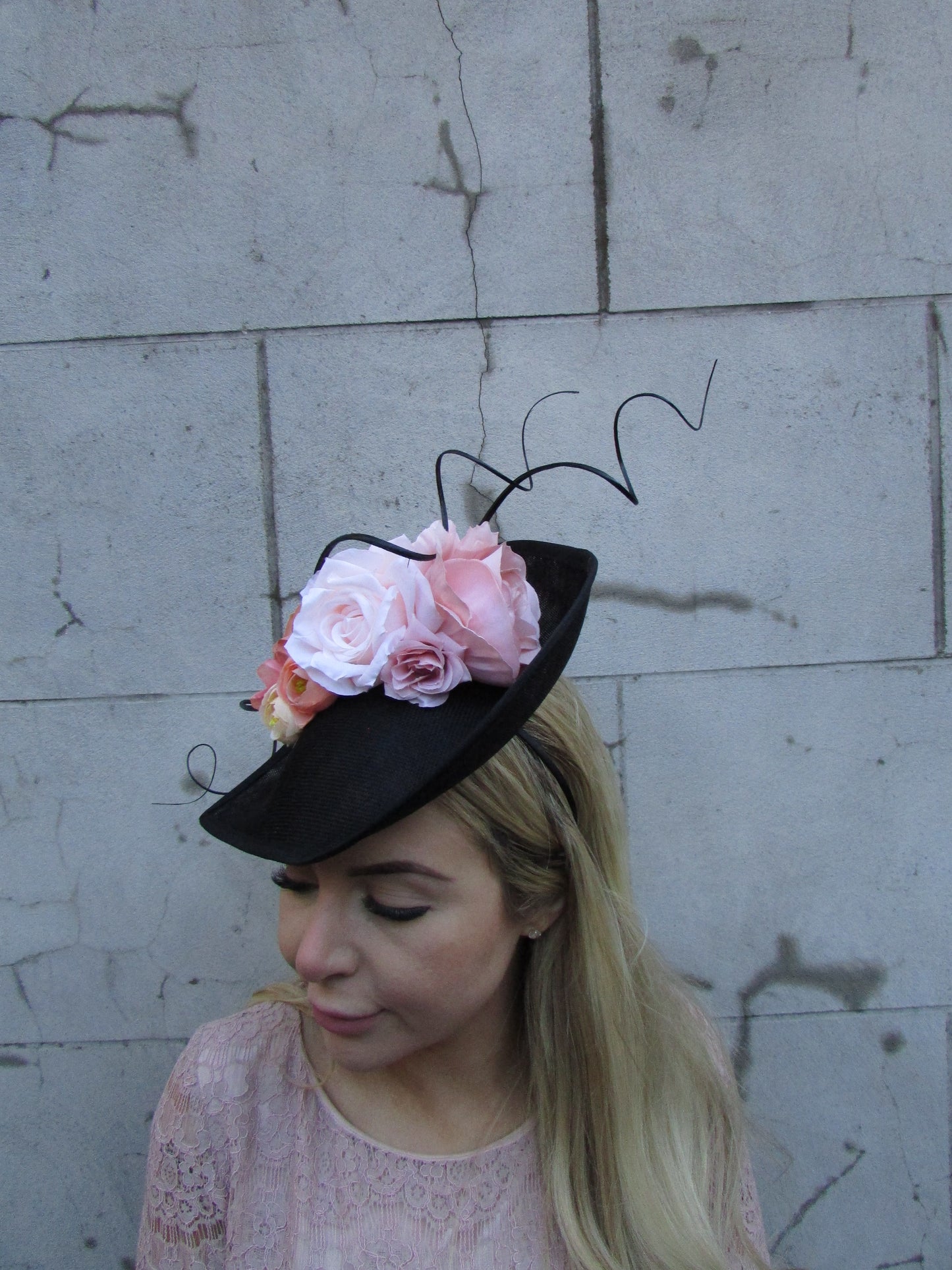Large Black & Peach Pink Fascinator Hat
