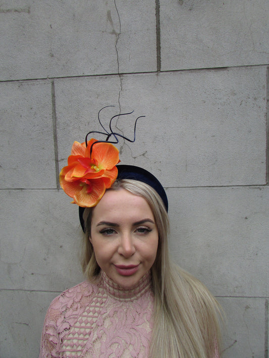 Orange & Navy Blue Orchid Fascinator Headband