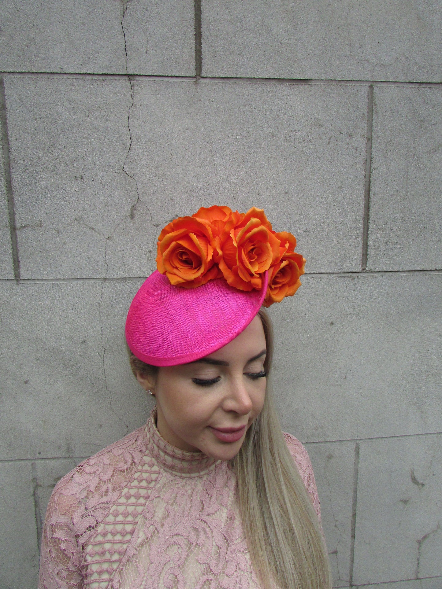 Orange & Pink Rose Fascinator Disc Hat