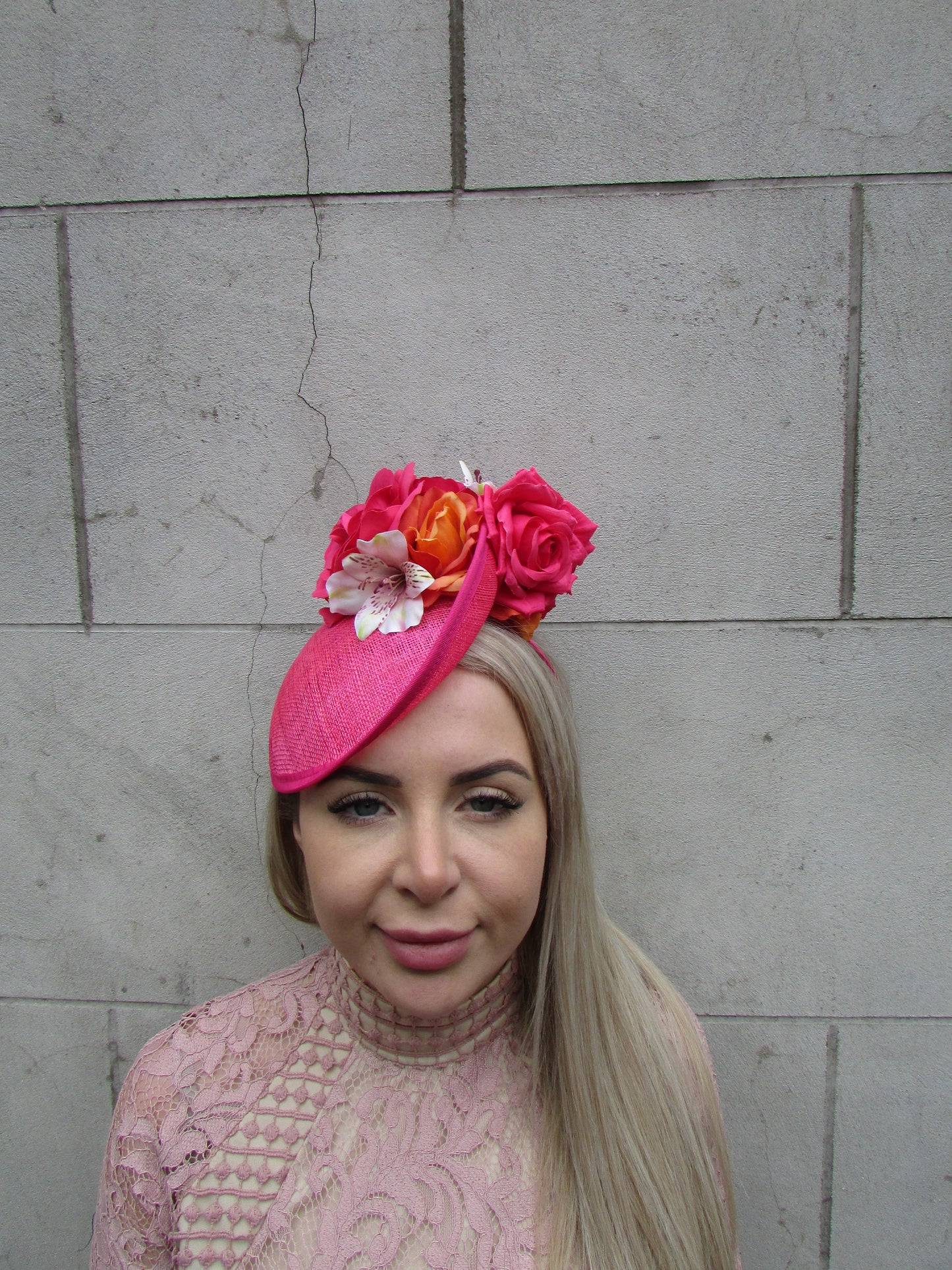 Orange Pink Rose & Lily Fascinator Disc Hat