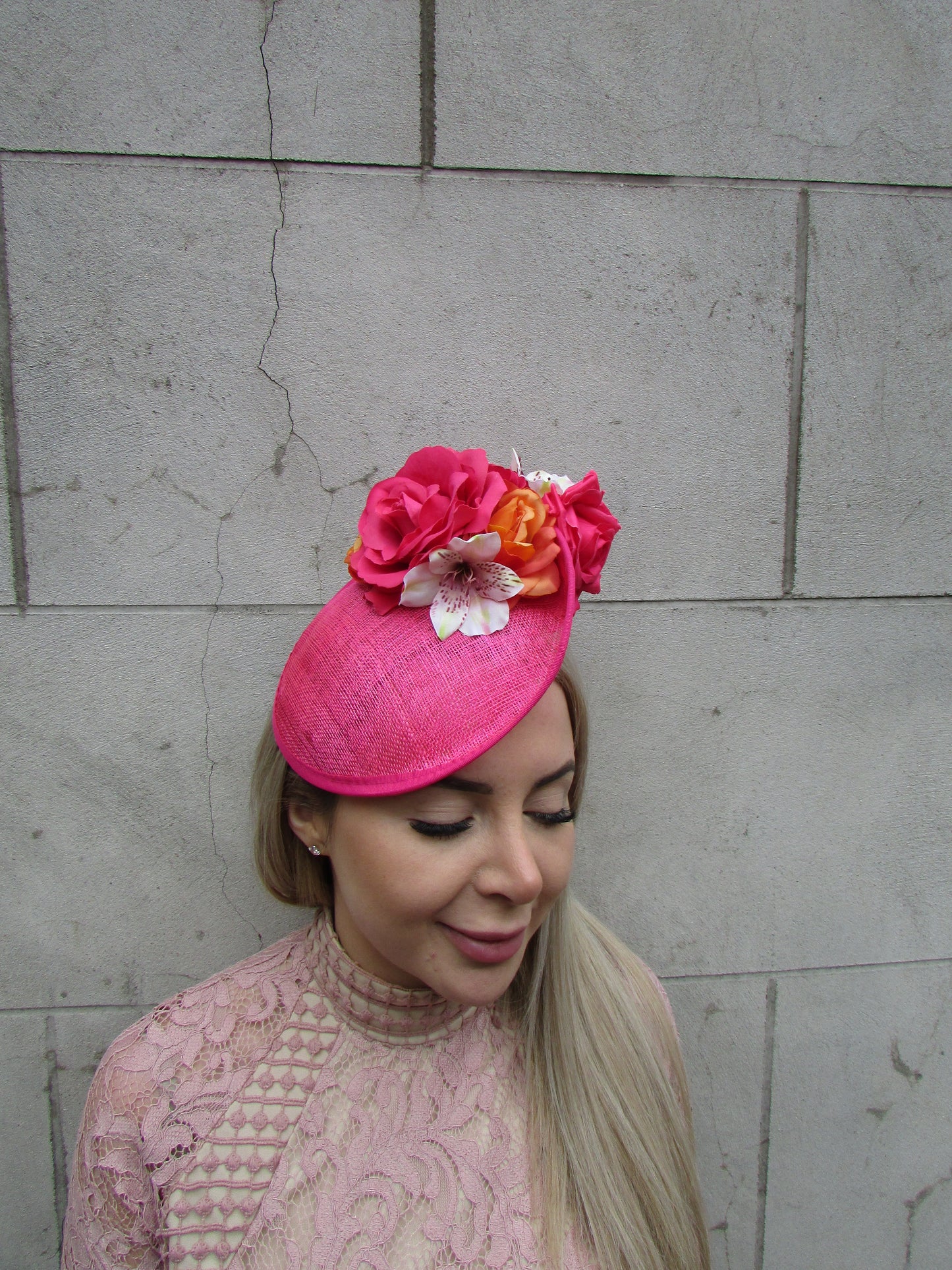 Orange Pink Rose & Lily Fascinator Disc Hat