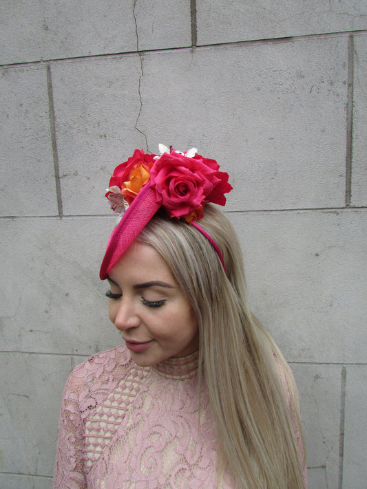 Orange Pink Rose & Lily Fascinator Disc Hat