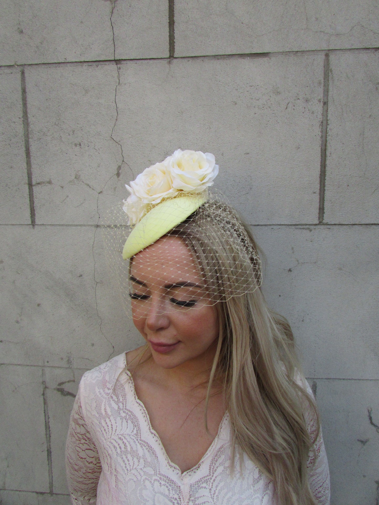 Lemon Yellow Rose Birdcage Veil Fascinator Hat