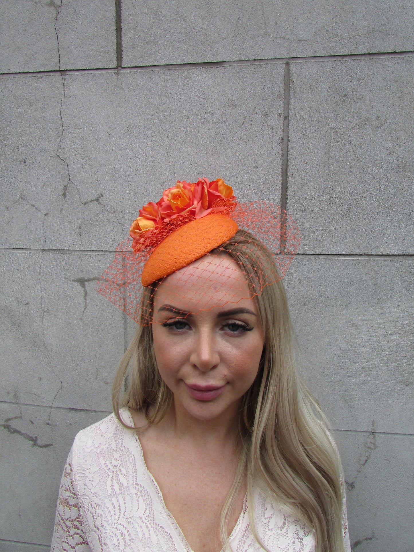 Orange Snakeskin Flower Veil Hat