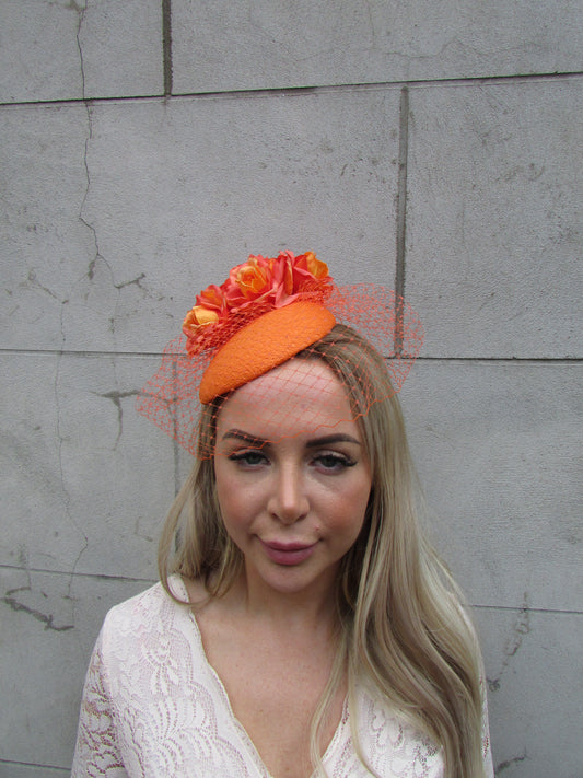 Orange Snakeskin Flower Veil Hat