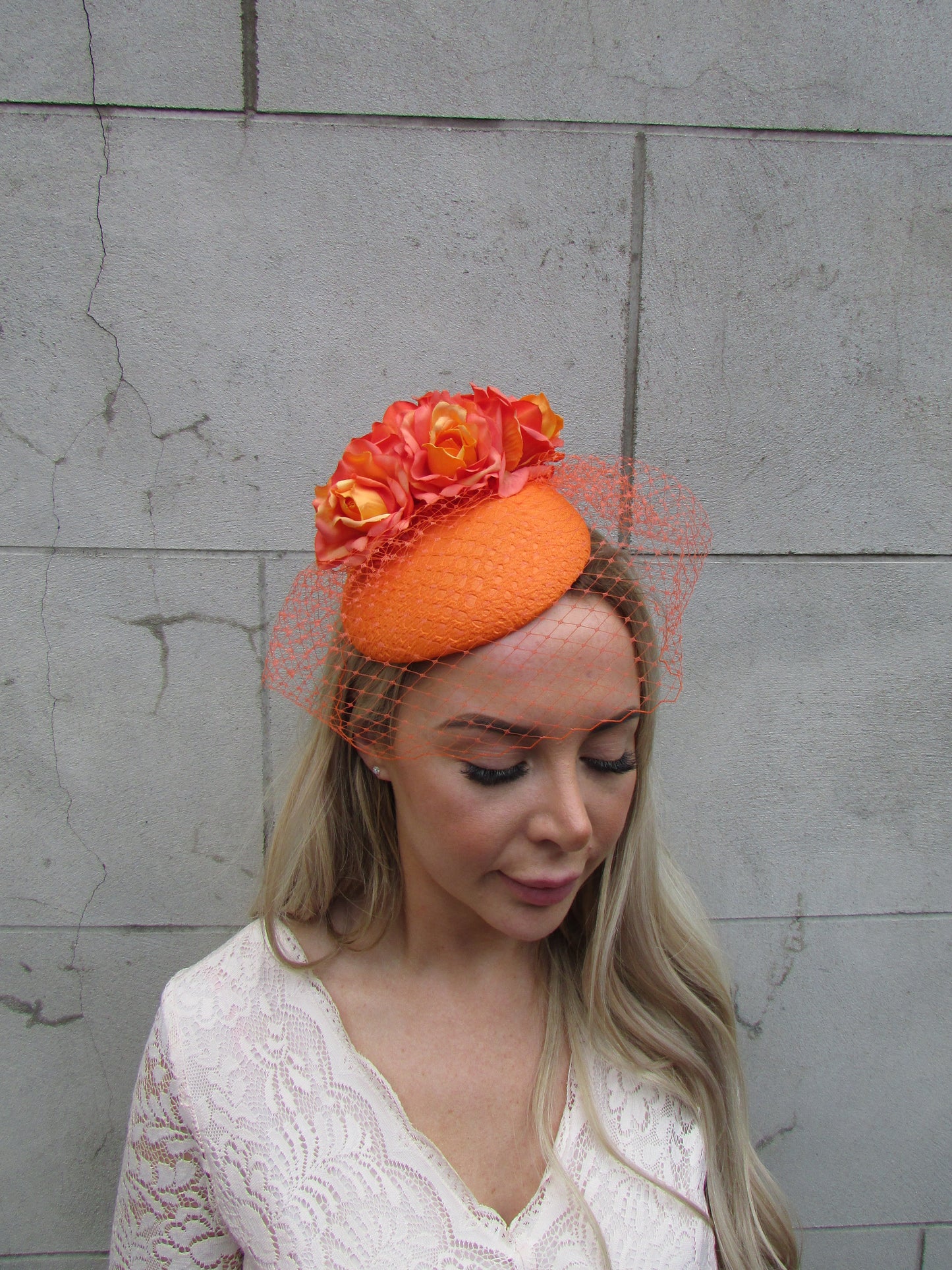 Orange Snakeskin Flower Veil Hat