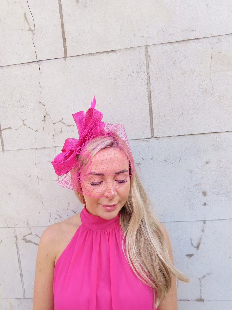 Pink Birdcage Veil Feather Fascinator Headband Sinamay