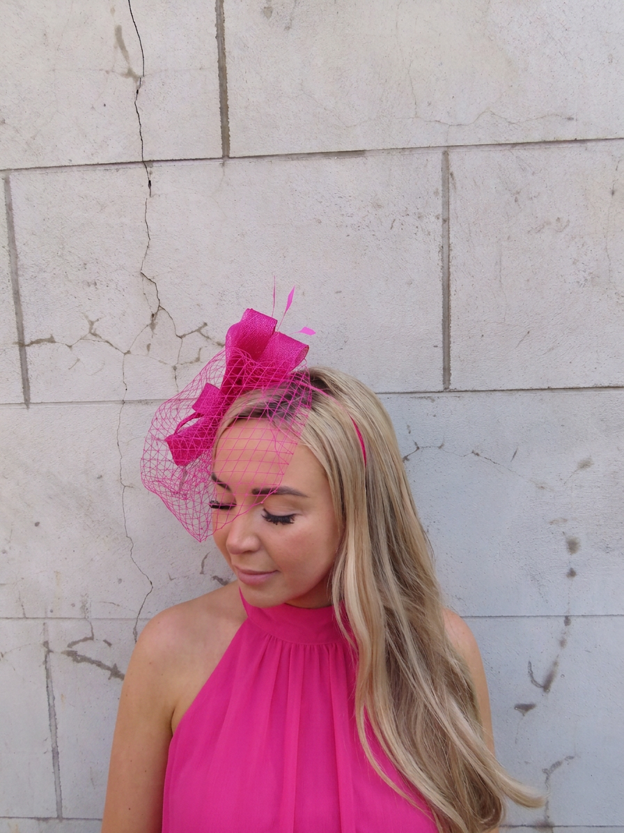 Pink Birdcage Veil Feather Fascinator Headband Sinamay