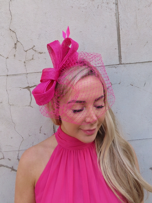Pink Birdcage Veil Feather Fascinator Headband Sinamay