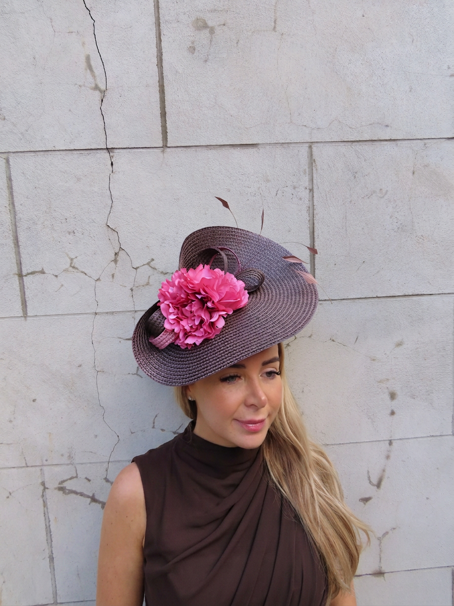 Large Dark Brown & Dusky Pink Flower Hat Fascinator