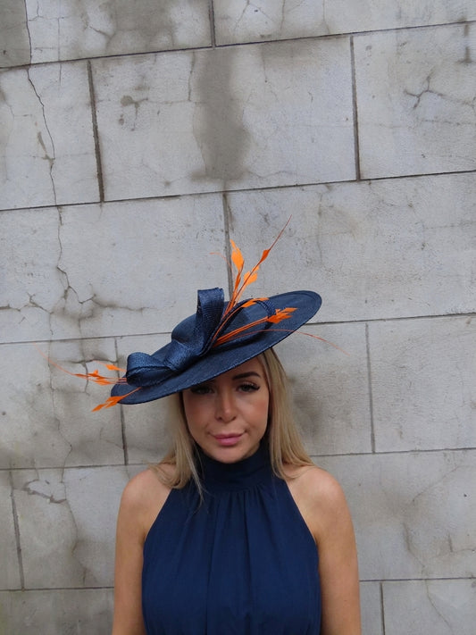 Orange & Navy Blue Feather Boater Hat