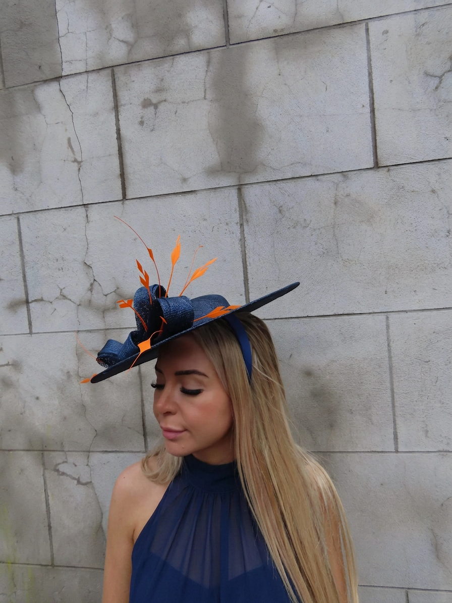 Orange & Navy Blue Feather Boater Hat