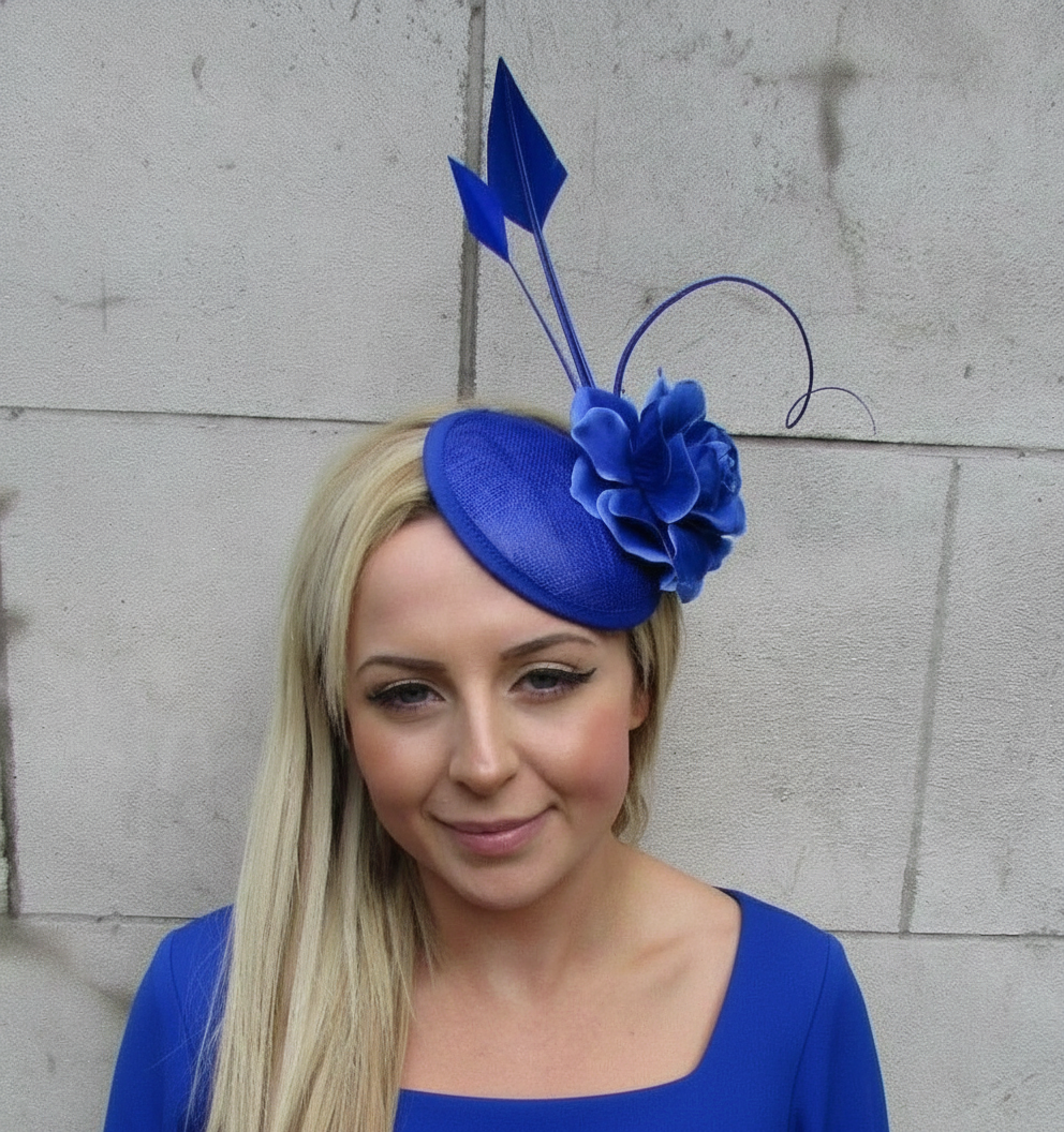 Royal Blue Rose Quill Feather Pillbox Hat Hair Clip