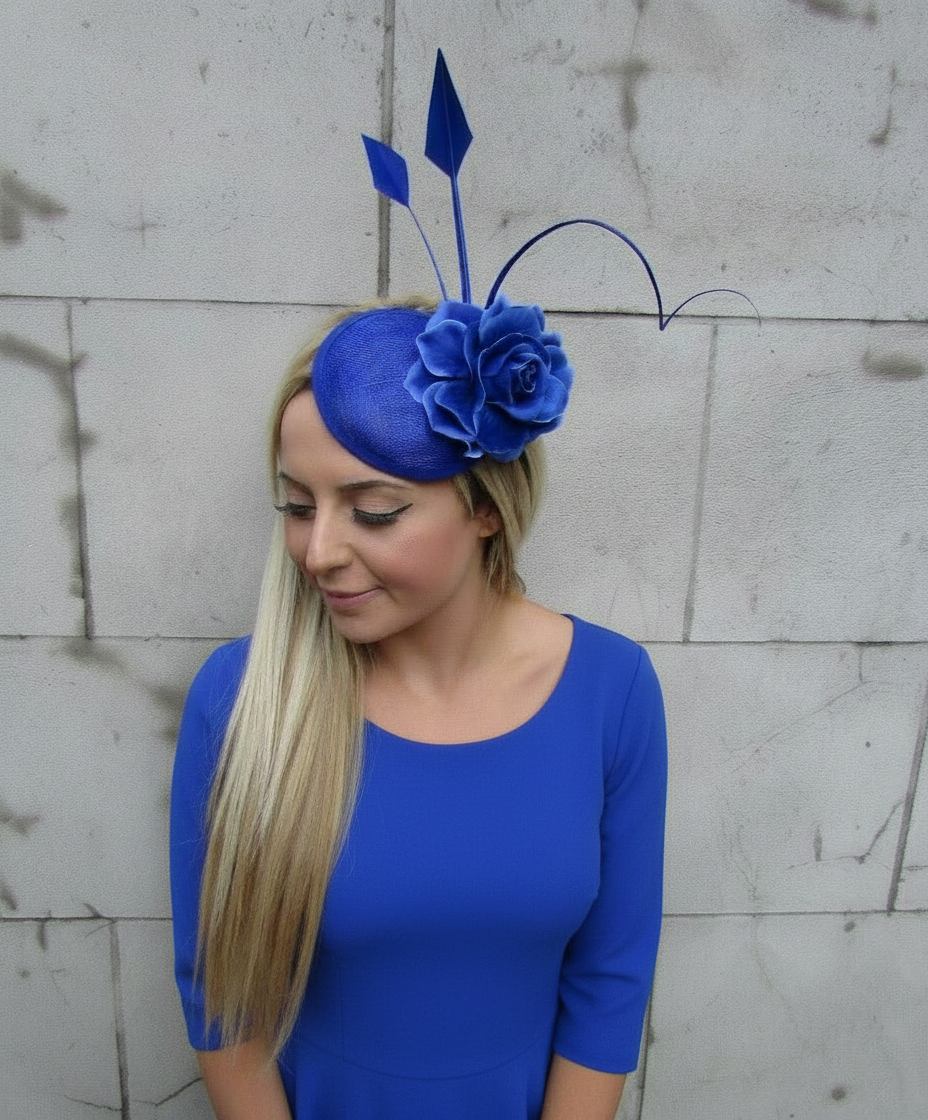 Royal Blue Rose Quill Feather Pillbox Hat Hair Clip