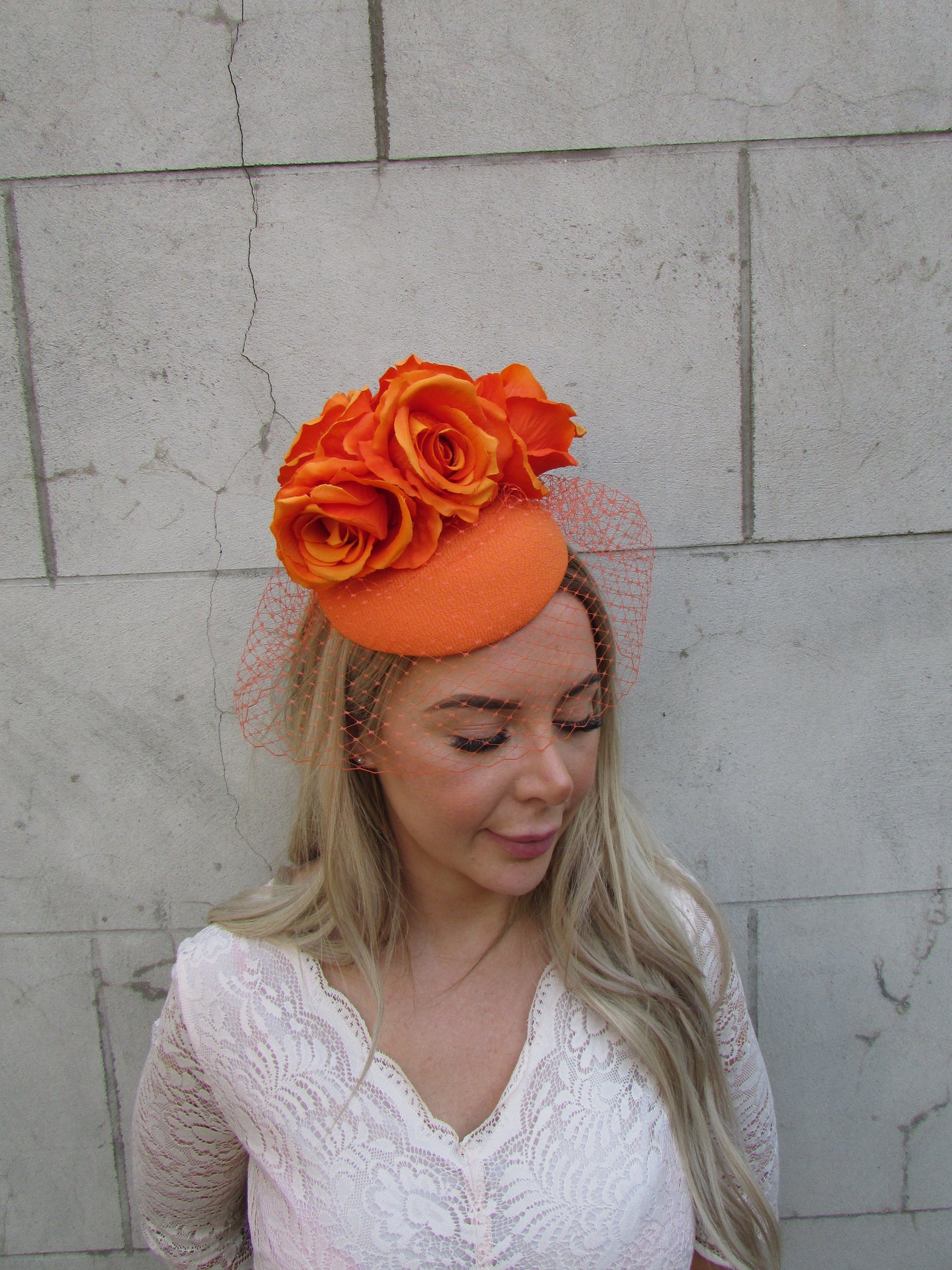 Orange Rose Birdcage Veil Fascinator Hat