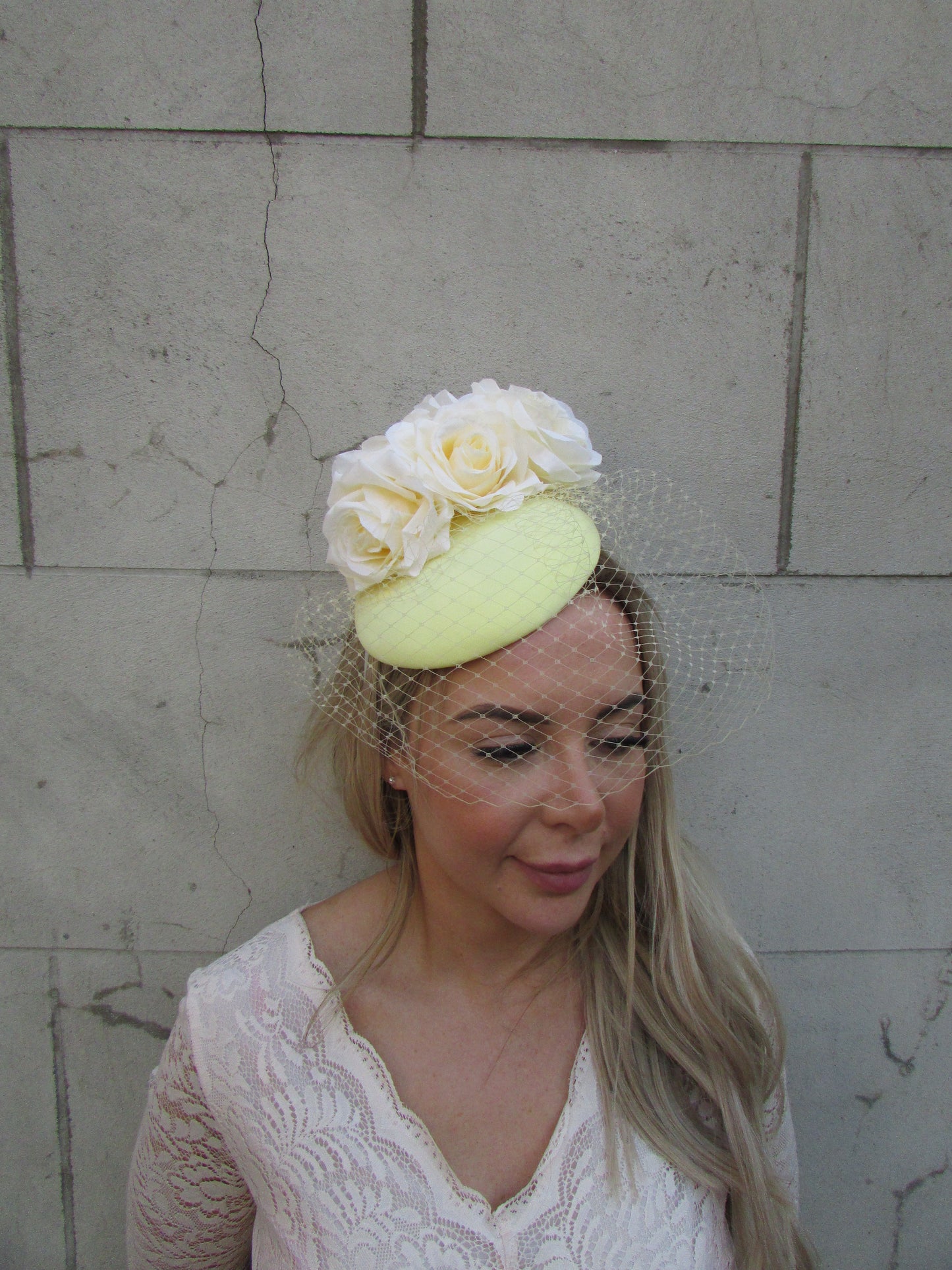 Lemon Yellow Rose Birdcage Veil Fascinator Hat