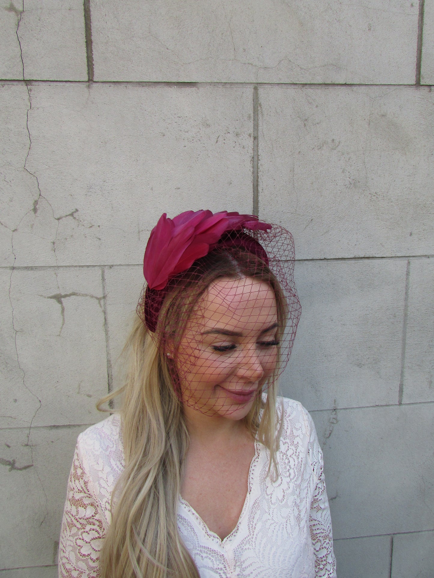 Burgundy Veil Feather Headband