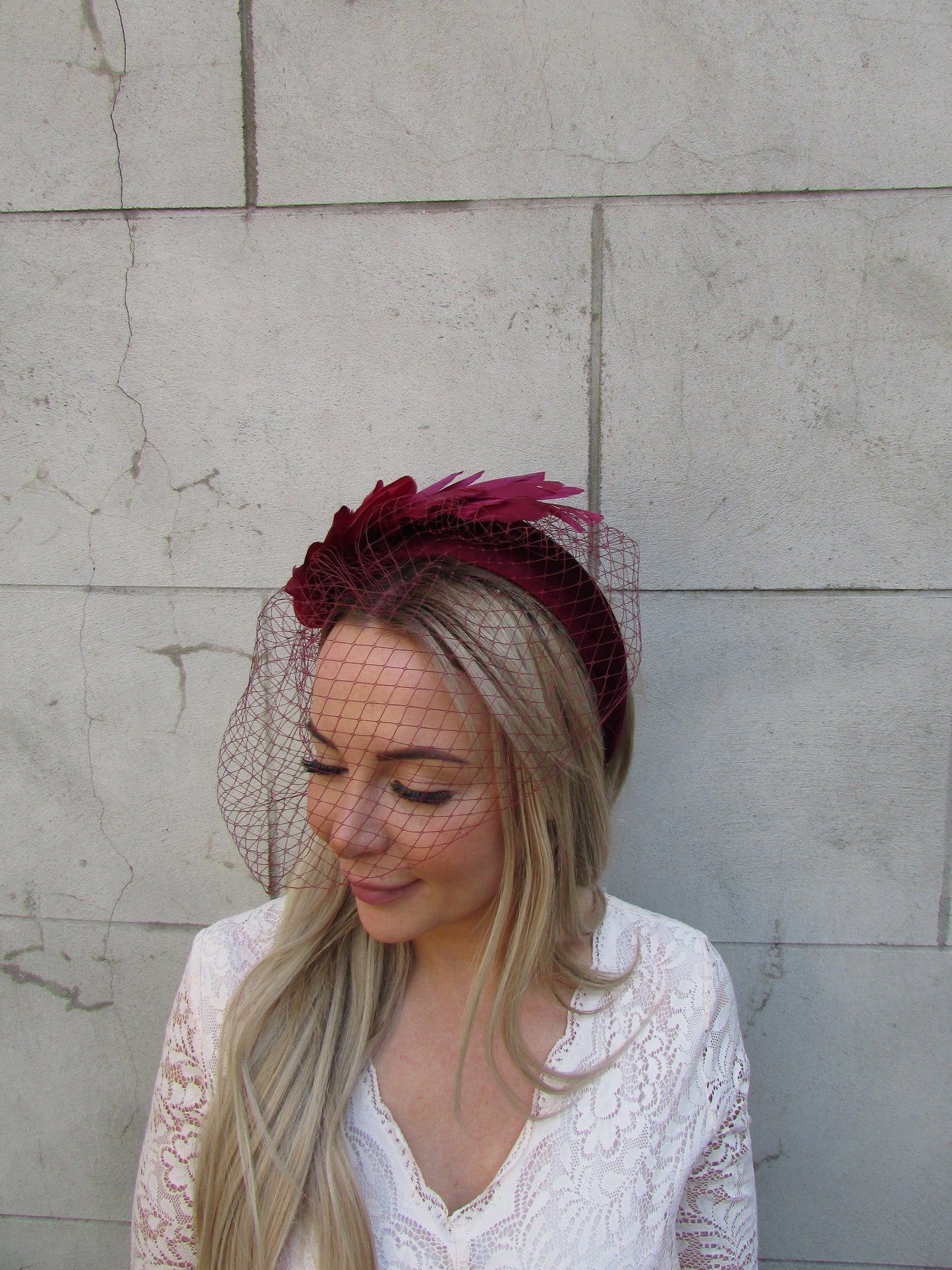 Burgundy Veil Feather Headband
