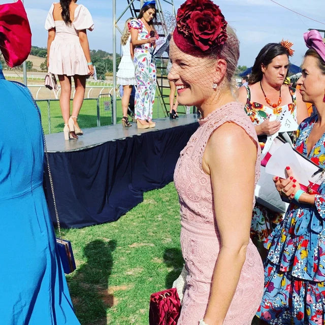 Burgundy Rose Birdcage Veil Hat Fascinator