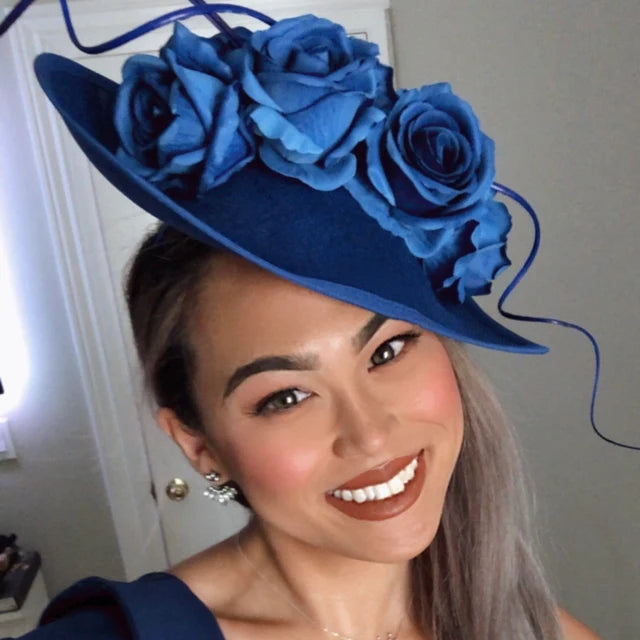 Large Royal Blue Rose Teardrop Fascinator Hat u1z85
