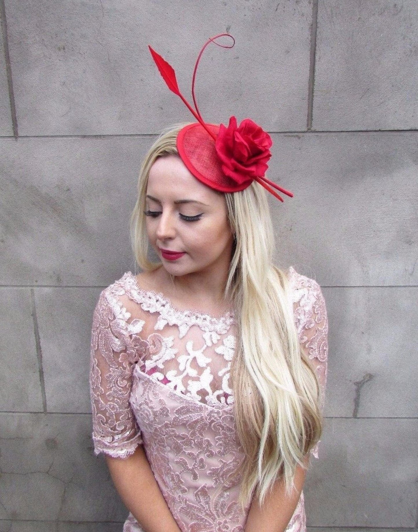 Red Rose Flower Sinamay Hat Hair Clip