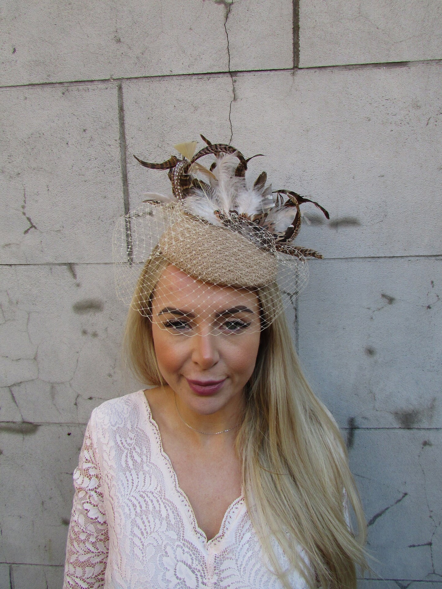 Beige Pheasant Feather Veiled Hat