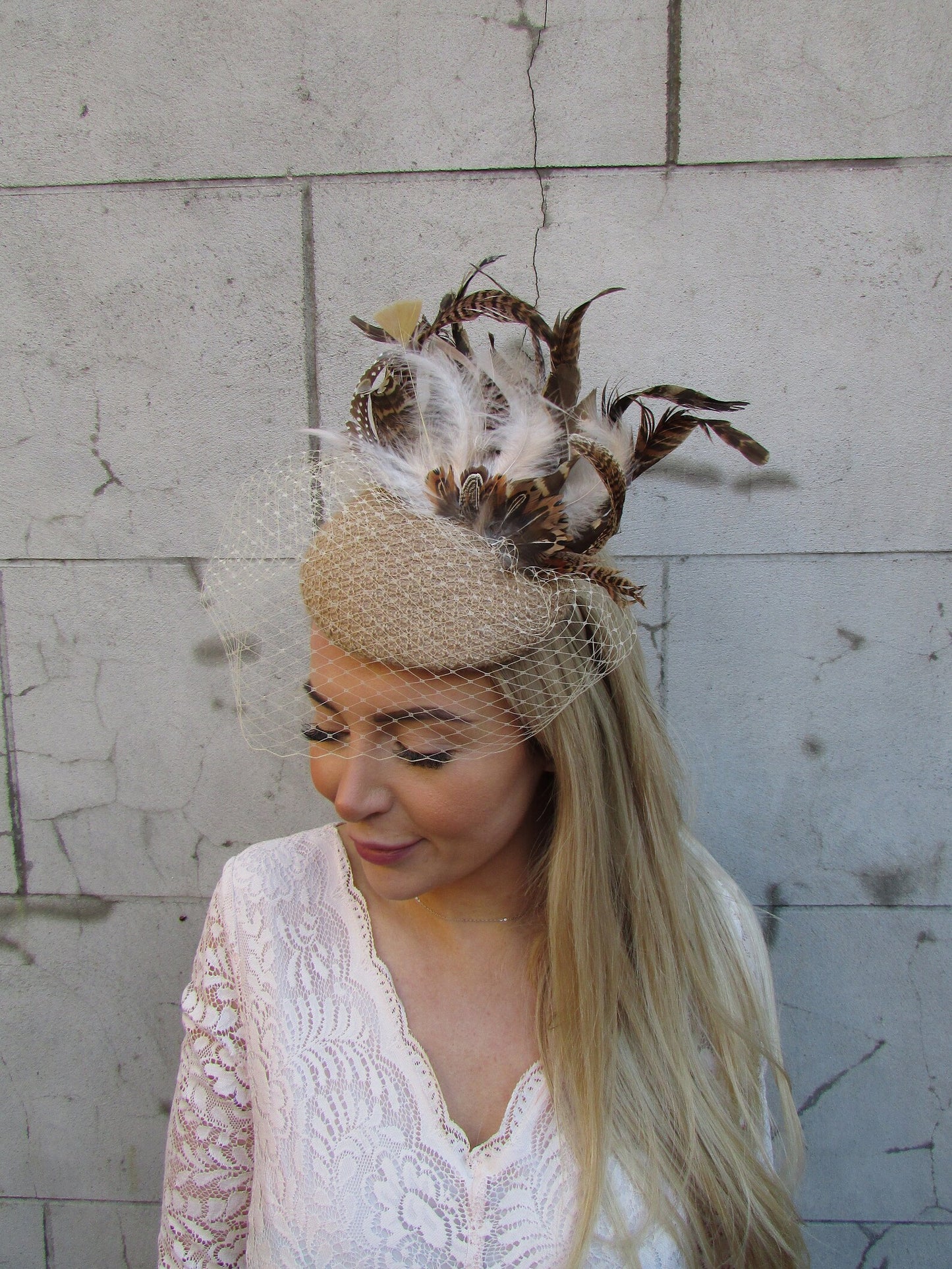 Beige Pheasant Feather Veiled Hat
