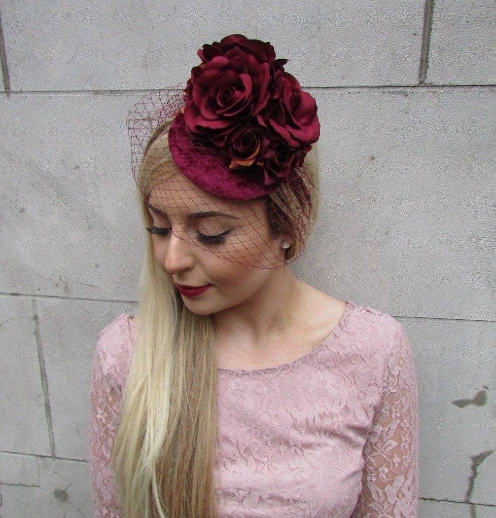 Burgundy Rose Birdcage Veil Hat Fascinator