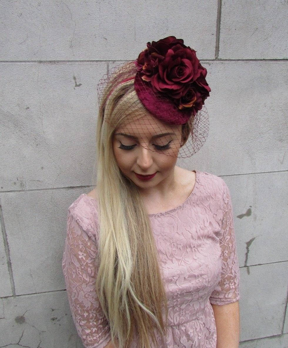 Burgundy Rose Birdcage Veil Hat Fascinator