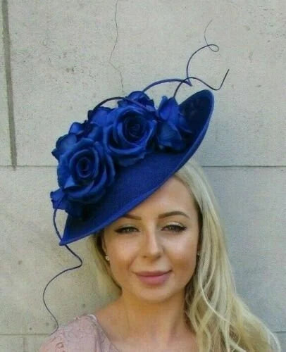 Large Royal Blue Rose Teardrop Fascinator Hat u1z85