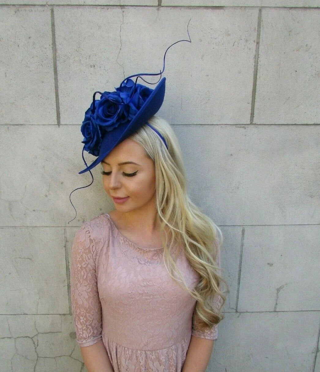 Large Royal Blue Rose Teardrop Fascinator Hat u1z85