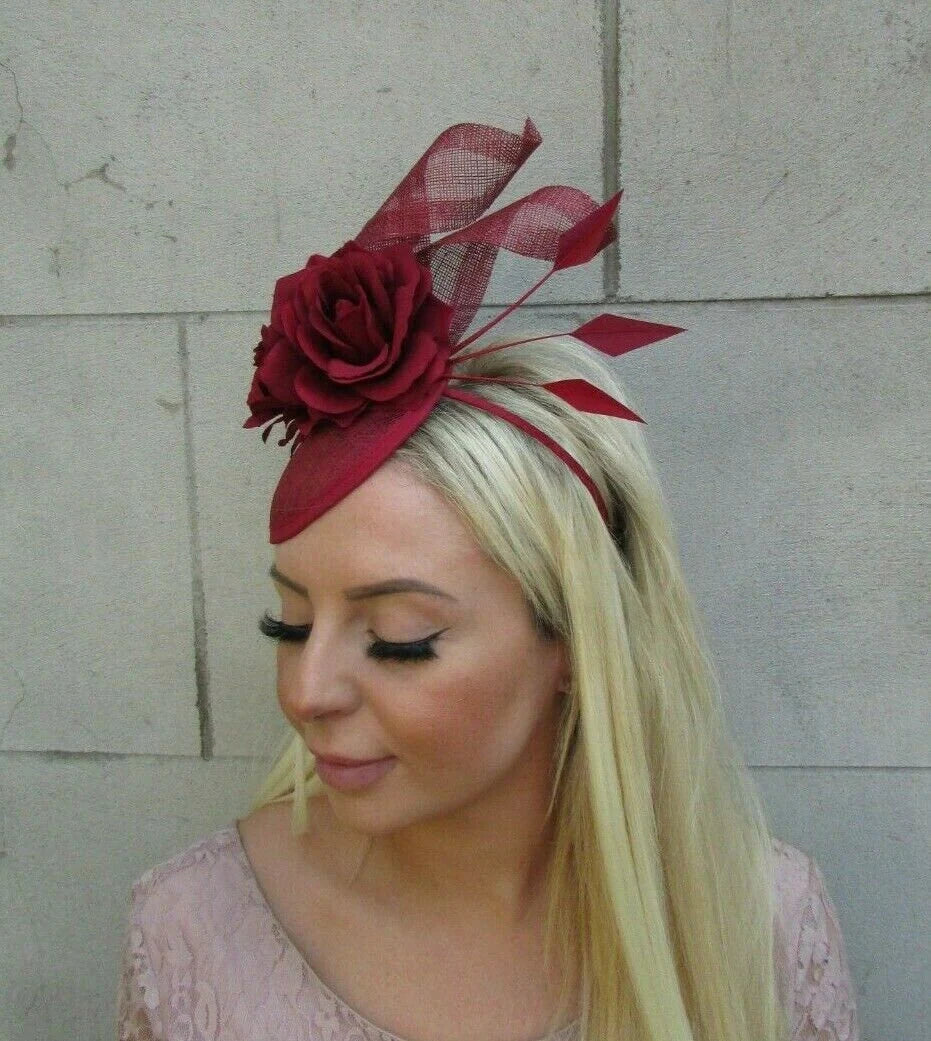Burgundy Wine Red Rose Flower Hat Fascinator