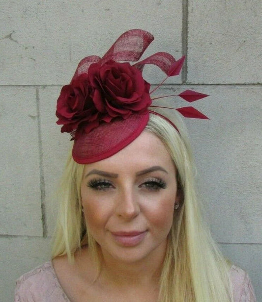 Burgundy Wine Red Rose Flower Hat Fascinator