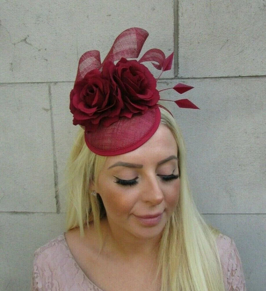 Burgundy Wine Red Rose Flower Hat Fascinator