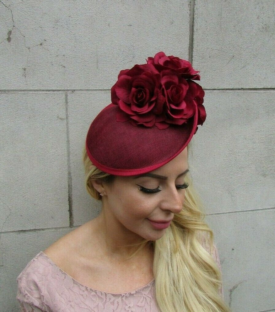 Burgundy Fascinator Hat Tilted Rose Flower Disc