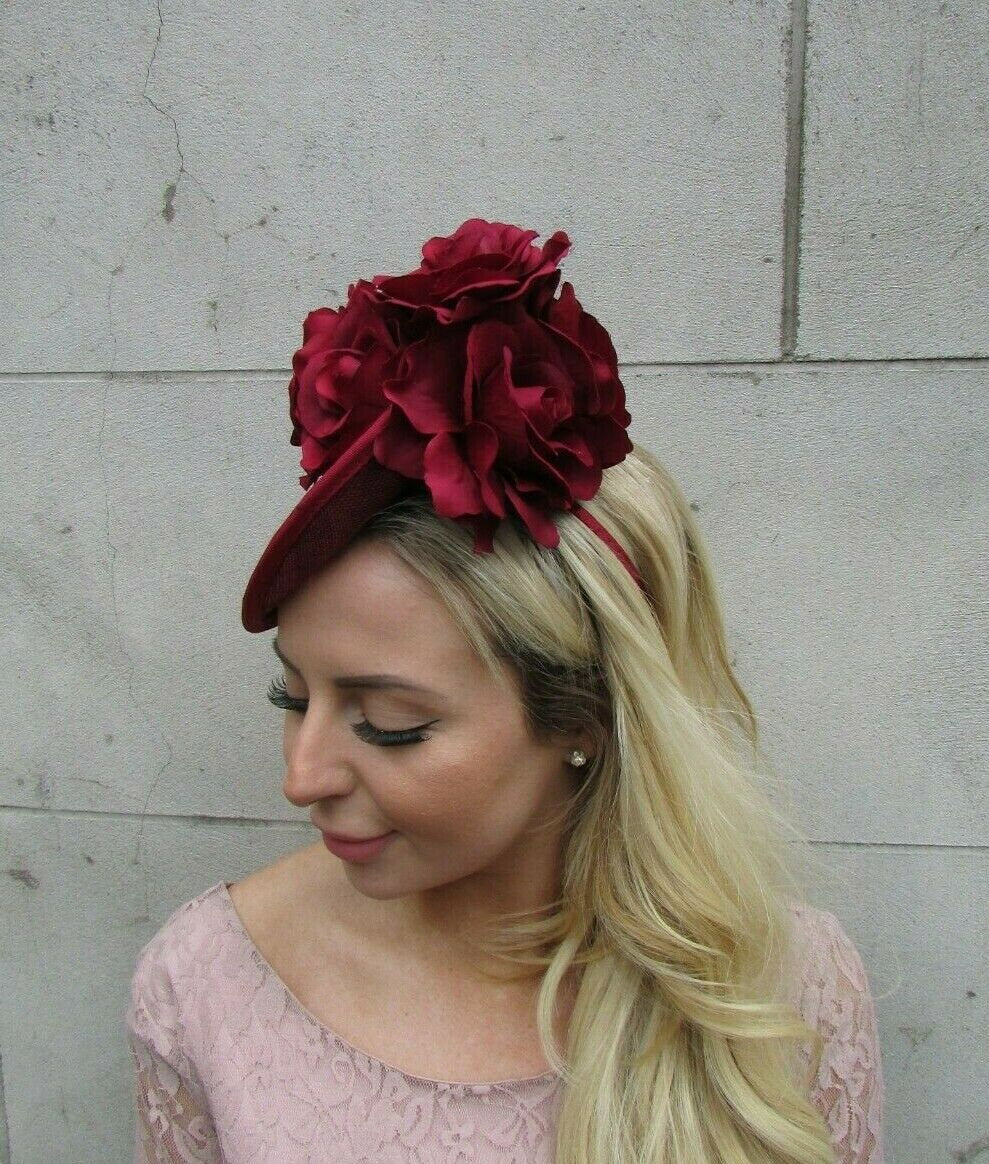 Burgundy Fascinator Hat Tilted Rose Flower Disc