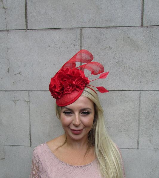 Red Rose Flower Fascinator Pillbox Hat Sinamay
