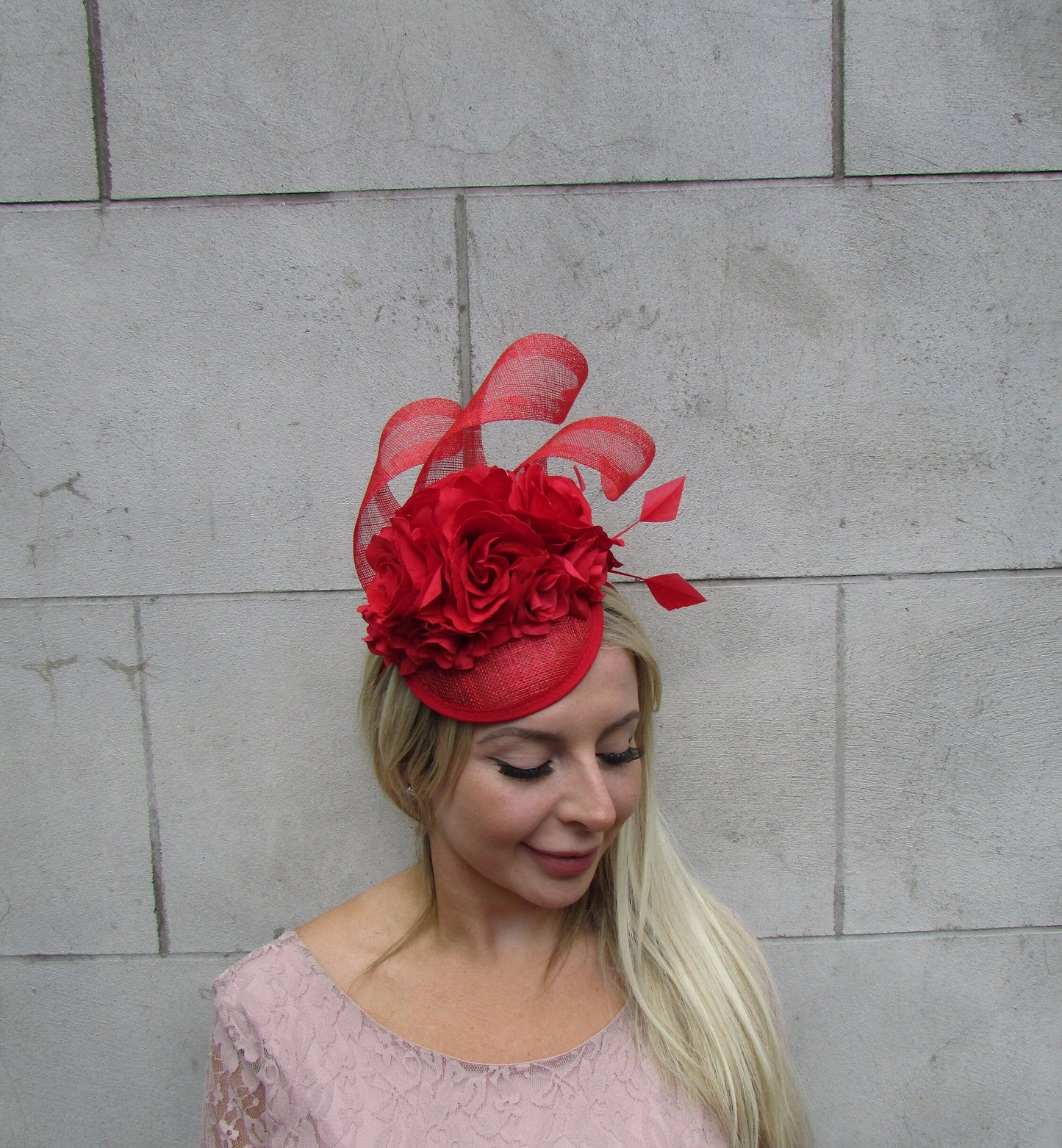 Red Rose Flower Fascinator Pillbox Hat Sinamay